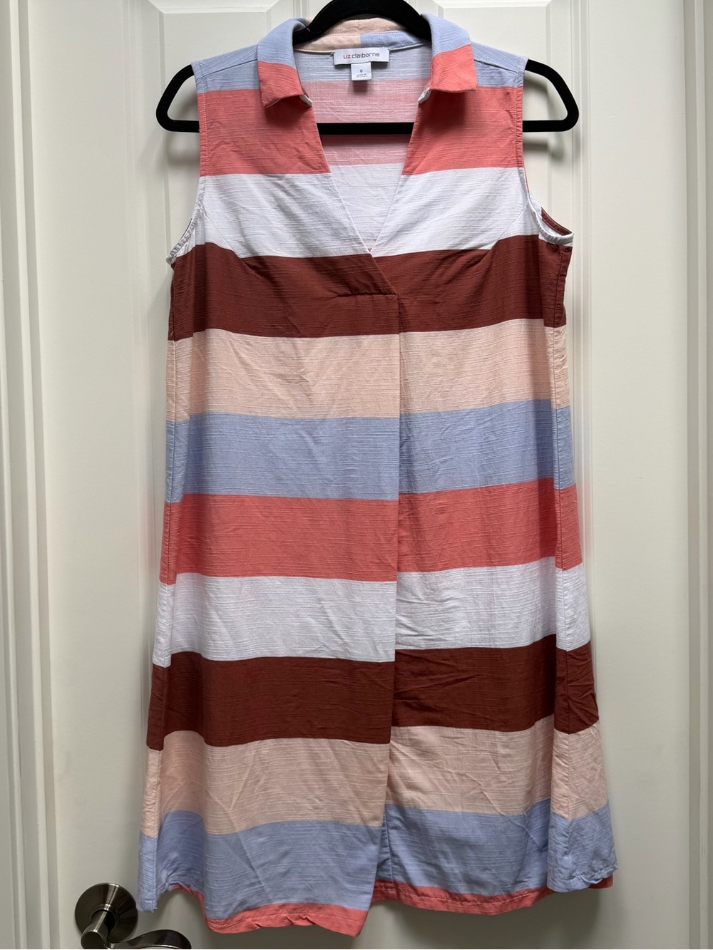 LIZ CLAIBORNE SLEEVELESS A LINE V NECK COLLARED DRESS STRIPES 6